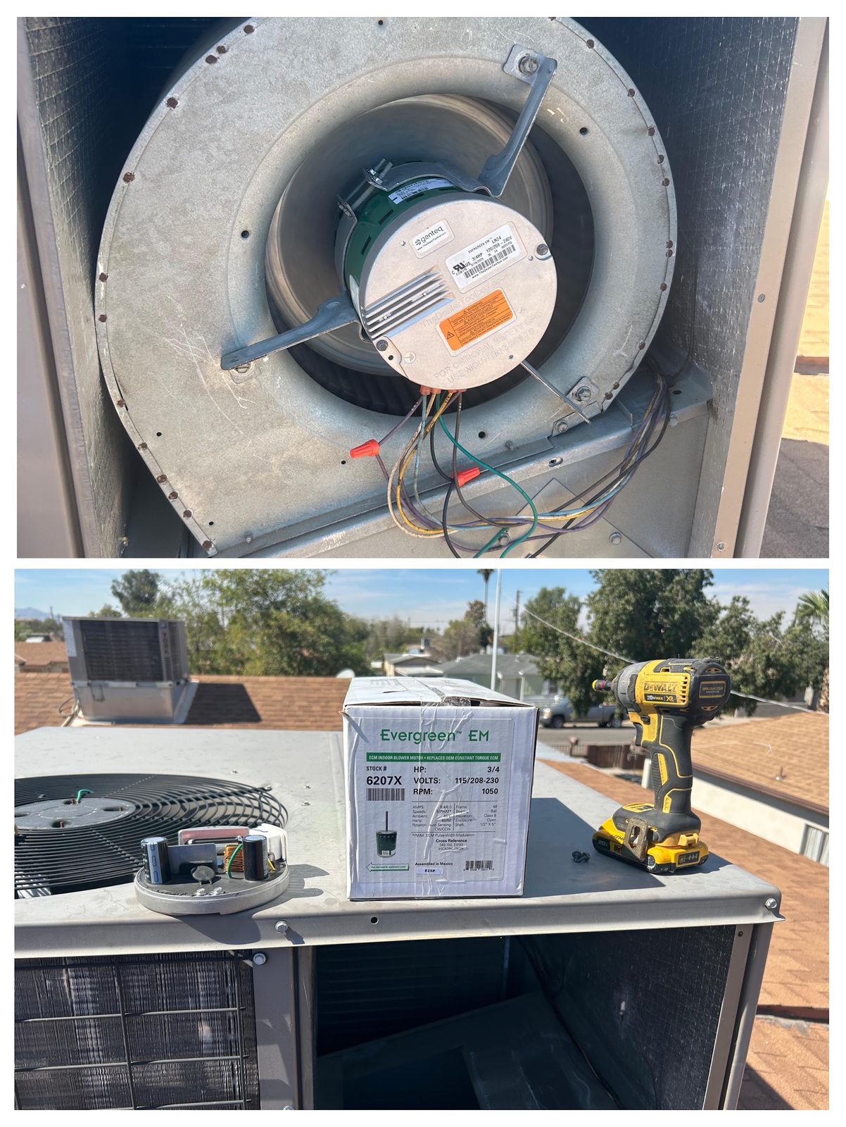 A replacement Evergreen EM indoor blower motor fitted into a blower housing, shown beside its box and the old motor on a rooftop unit.